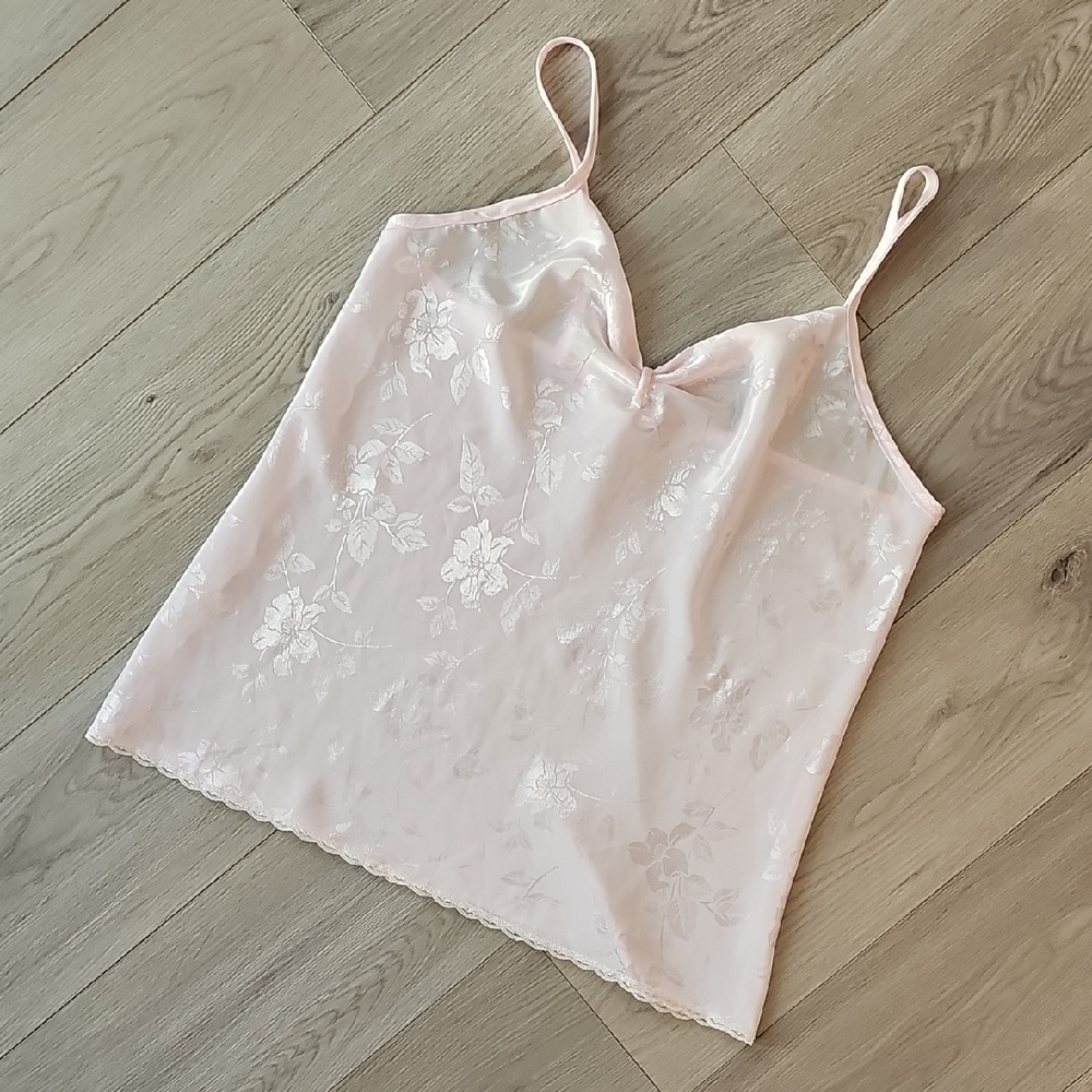 Vintage Kasara Powder Pink Coquette Floral‎ Woven Floral Slip Camisole, Large